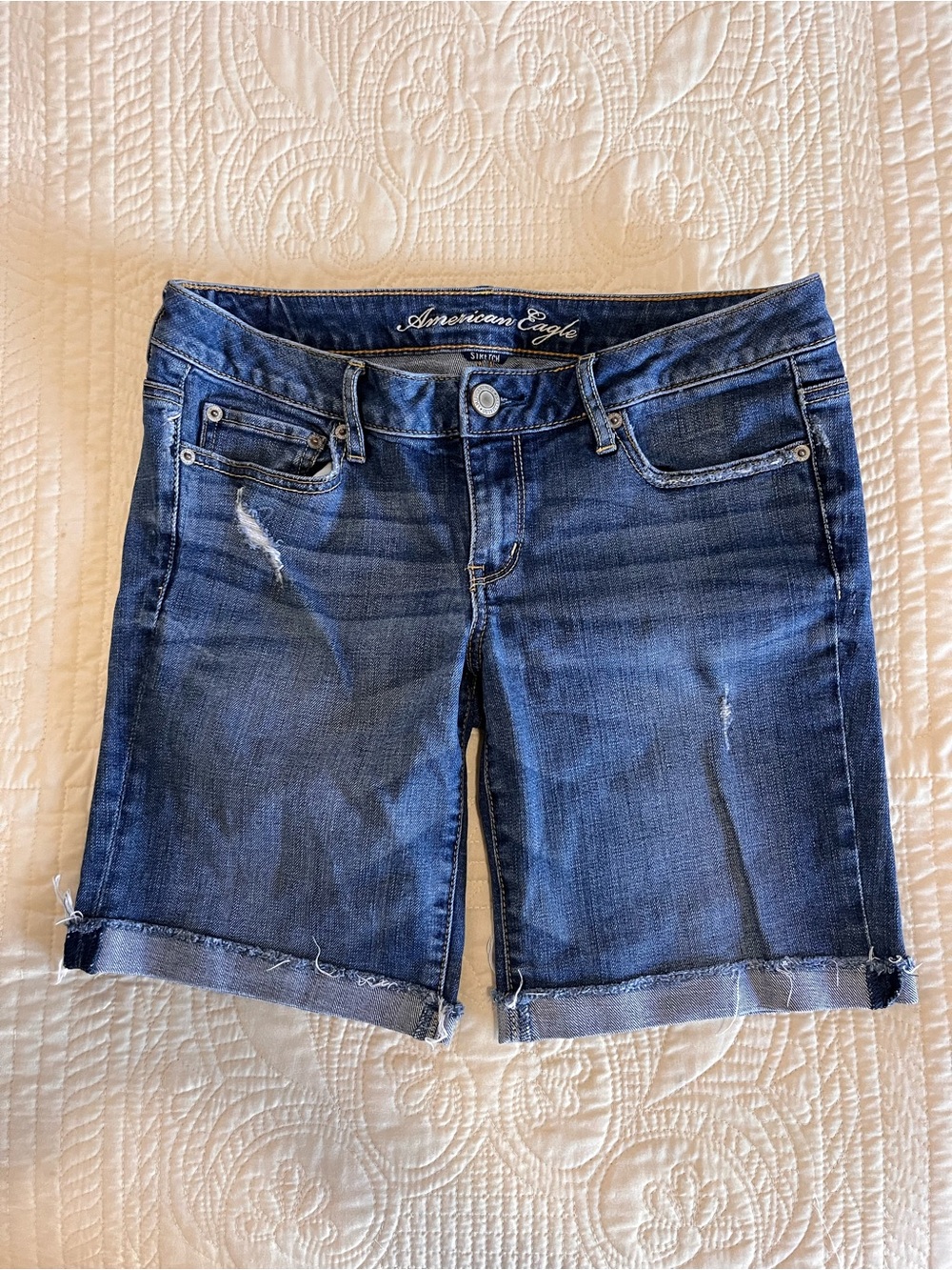American Eagle Outfitters Blue Denim Frayed Hem Bermuda Shorts